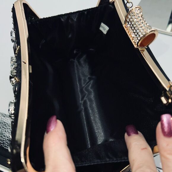 Jeweled, Rhinestone and Beaded Clip Lock Satin Evening Bag with Two Chain Length - Picture 11 of 11